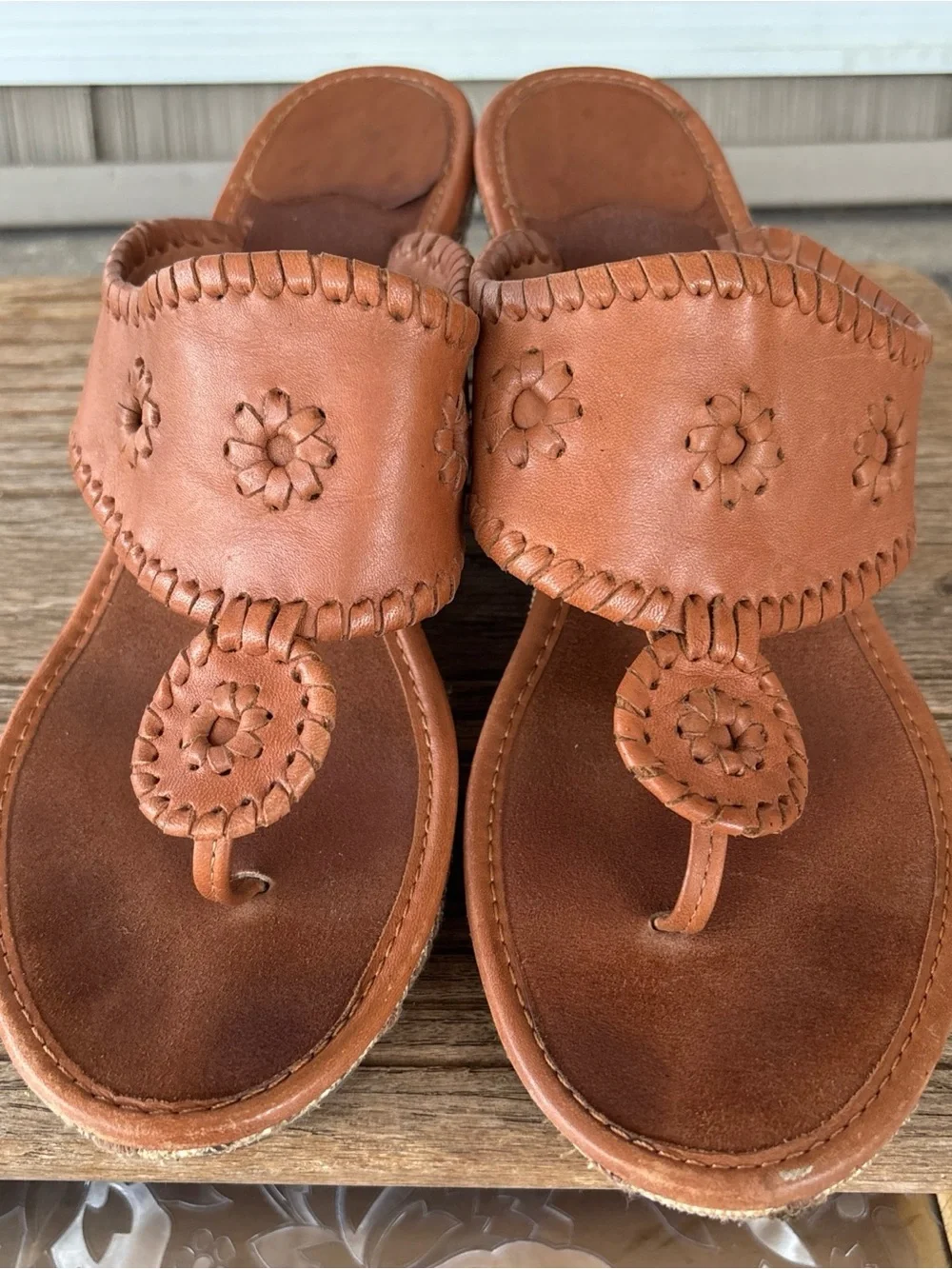 Jack Rogers Cognac Leather Wedge Thong Sandals Women’s 10